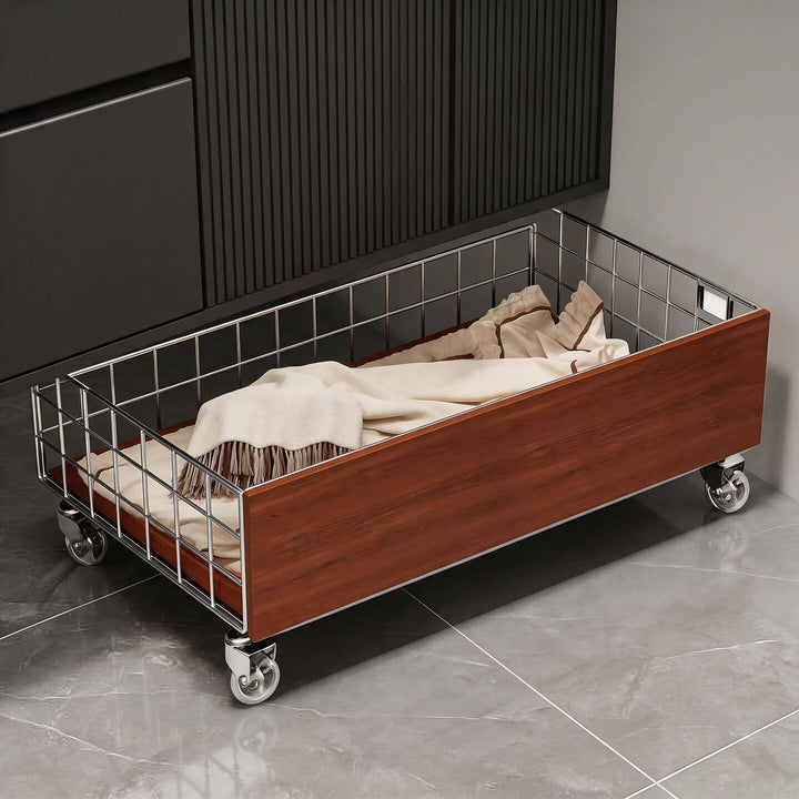 Underbed Rolling Storage Drawer with Wire Mesh Sides and Wood-Effect Panels