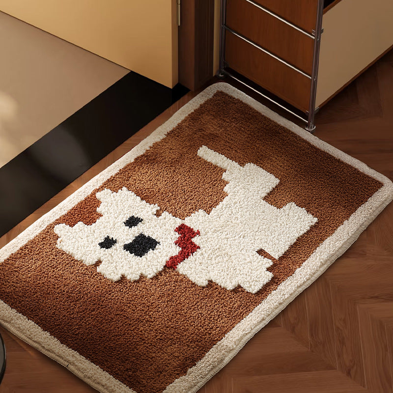 Bath mat with hand-tufted dog motif and slip-resistant latex backing