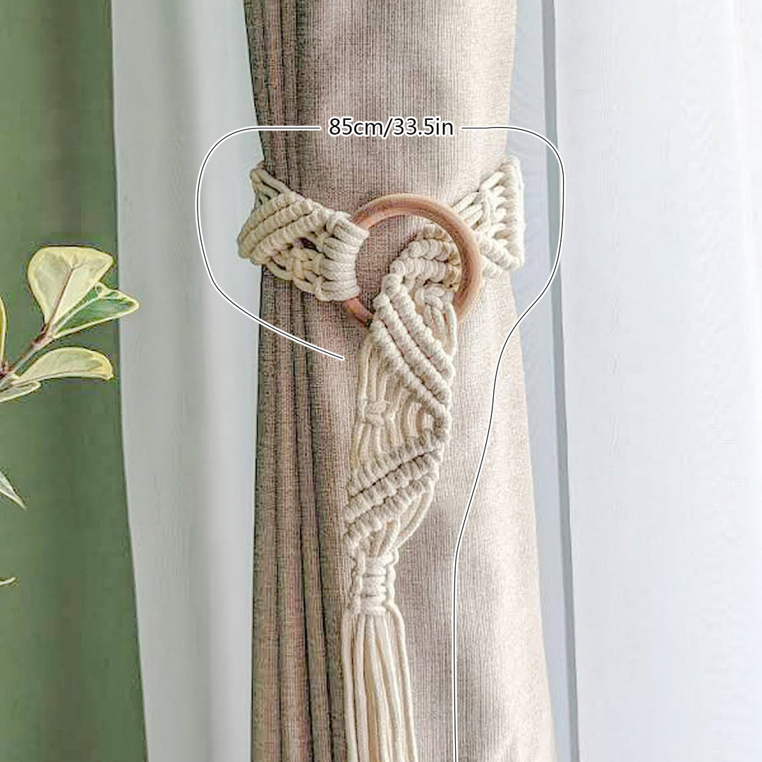 Macrame Curtain Tieback with Wooden Ring