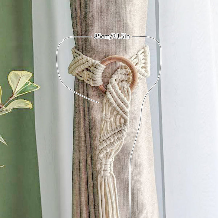 Macrame Curtain Tieback with Wooden Ring