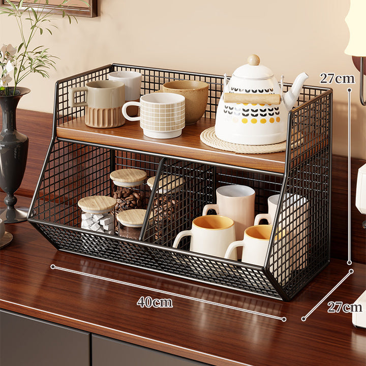 Two-Level Angled Wire Mesh Countertop Organizer with Wood-Effect Top Shelf and Front Drop Bins