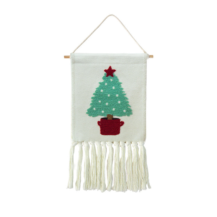 Woven cotton blend wall hanging with tufted cactus motif and cotton fringes
