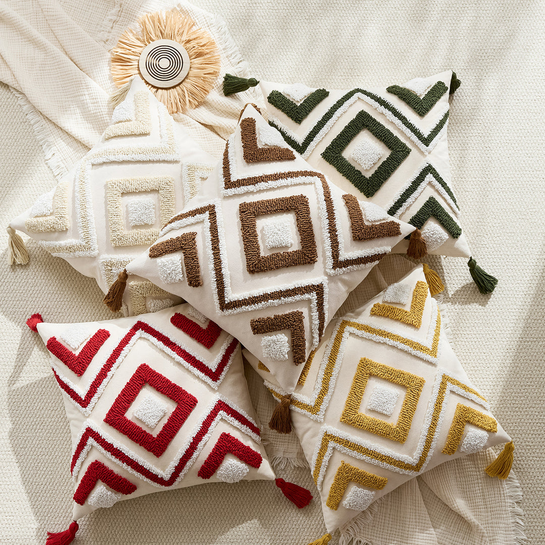 Tufted Geometric Boho Square Throw Pillow Cover with Corner Tassels and Hidden Zipper