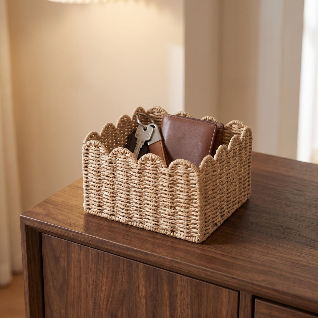 Handcrafted storage basket with curved edge
