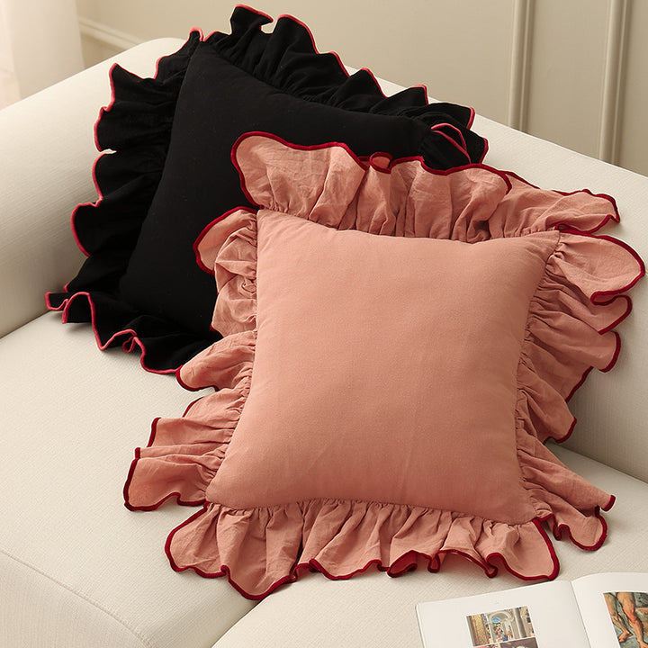 Romantic decorative cushion with gathered ruffles and linen look