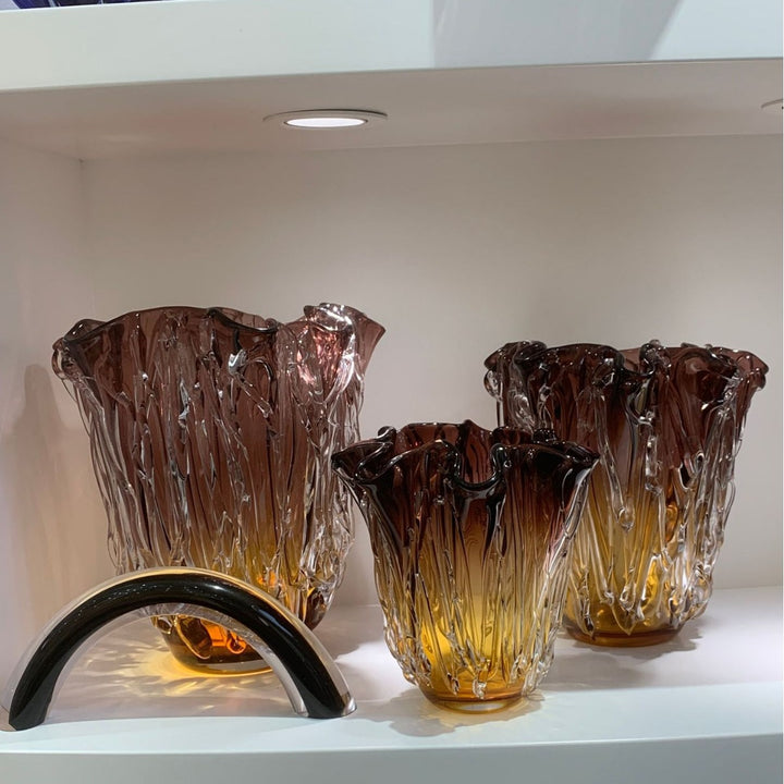 Handcrafted Ruffled-Edge Amber-to-Smoke Art Glass Decorative Vase Collection