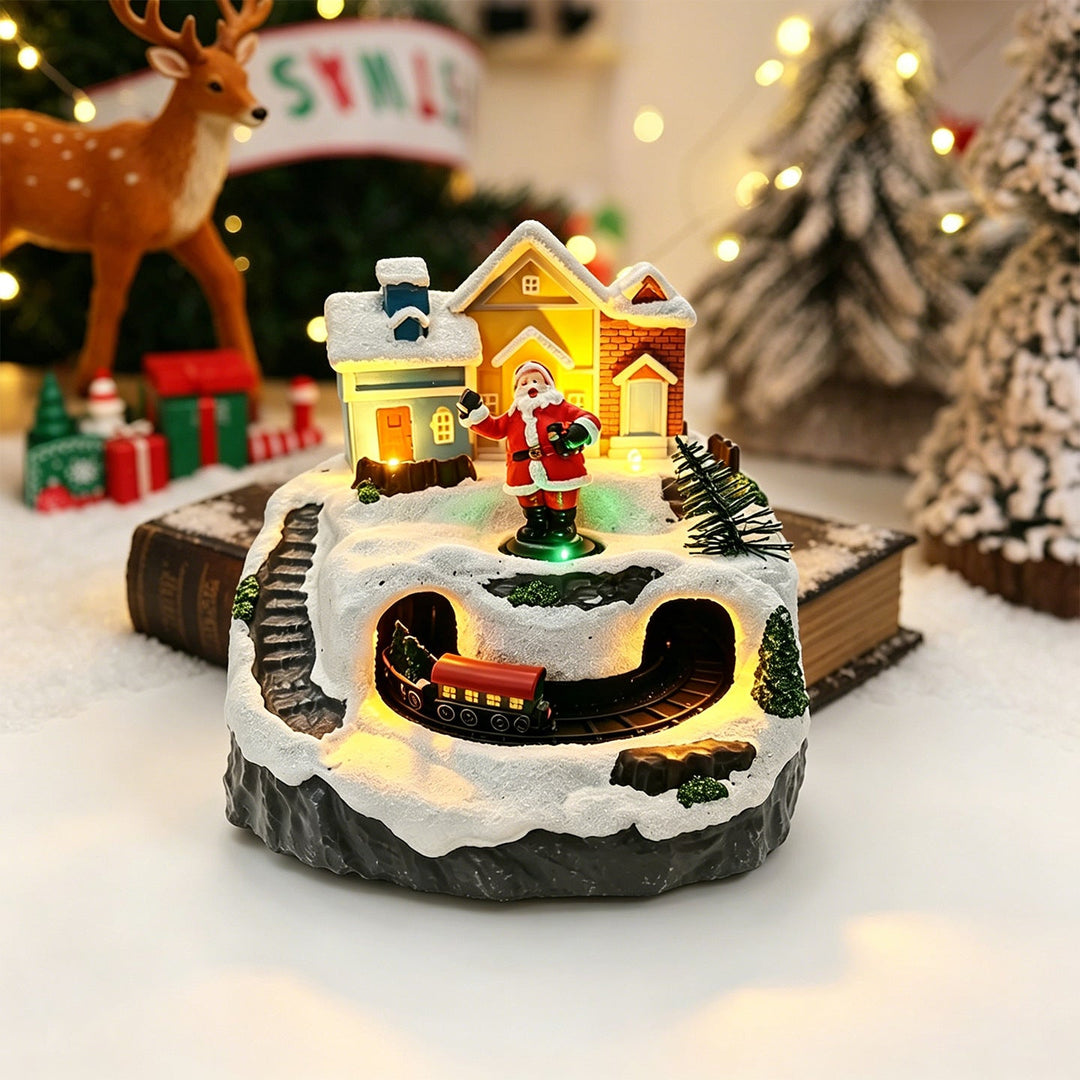 Movable Christmas village with lights and snowman