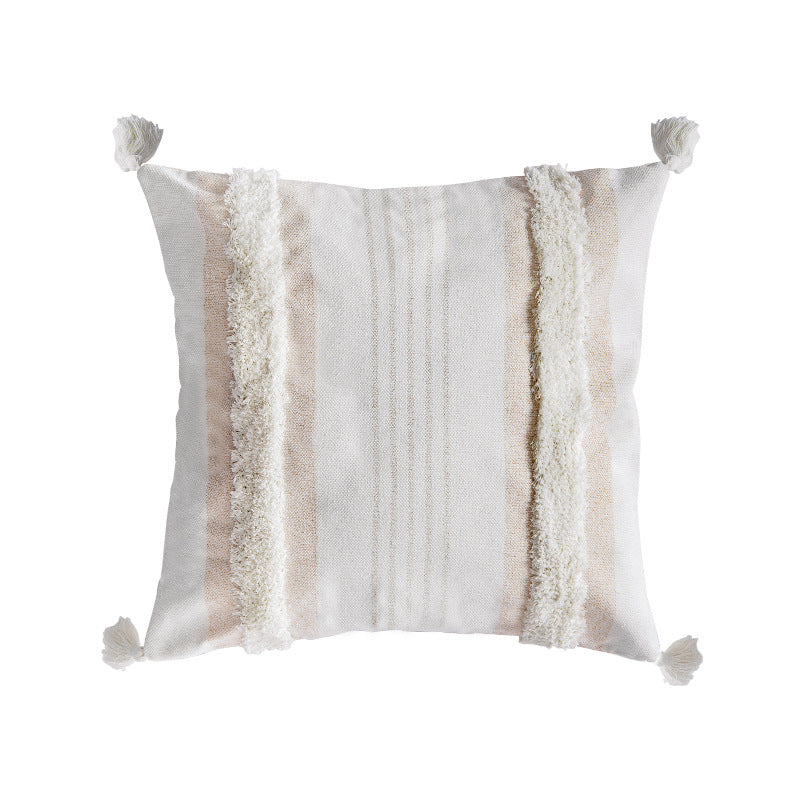 Square cotton pillow cover with fringe tassels and textured chenille stripes