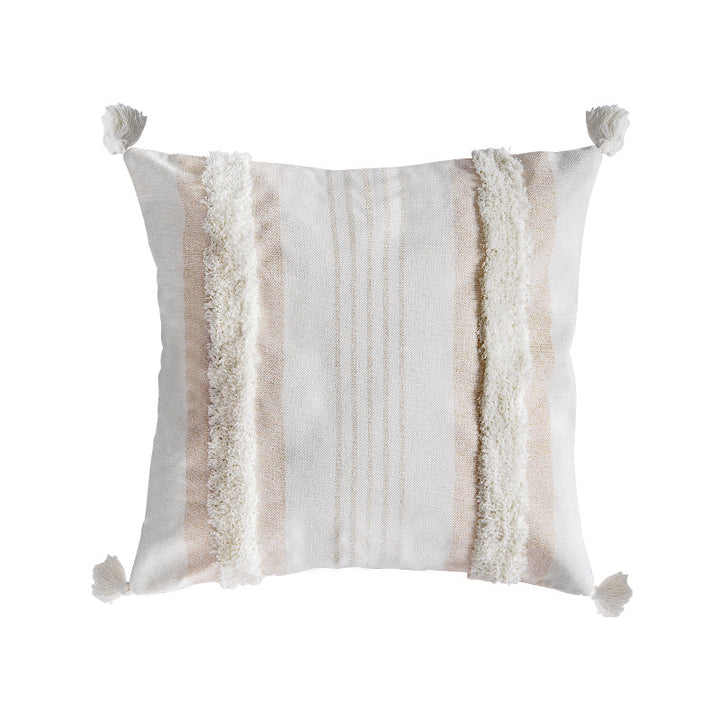 Square cotton pillow cover with fringe tassels and textured chenille stripes