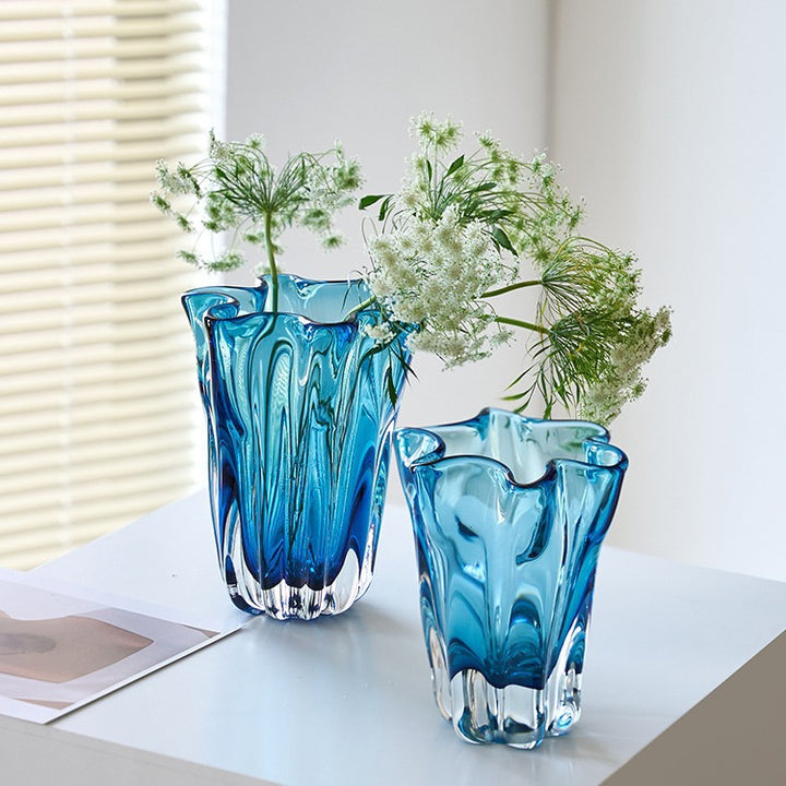 Tall Fluted Art Glass Centerpiece Vase with Sculpted Ruffled Rim