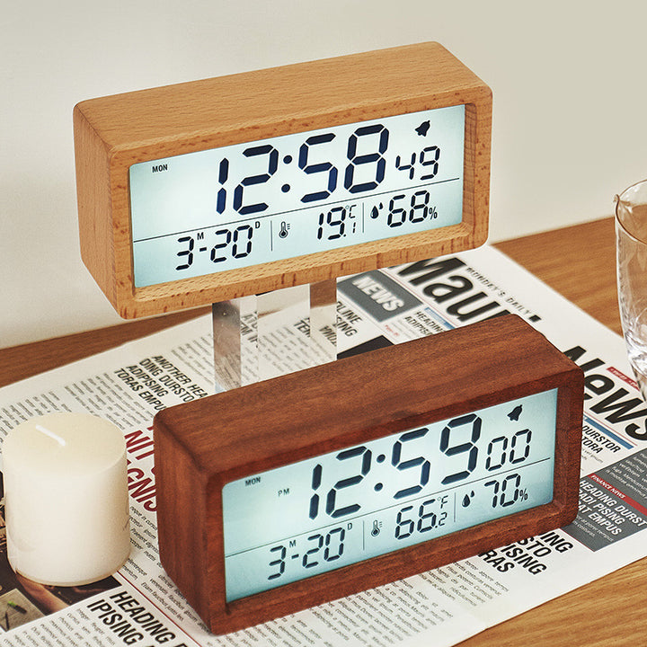 Digital alarm clock with wooden case