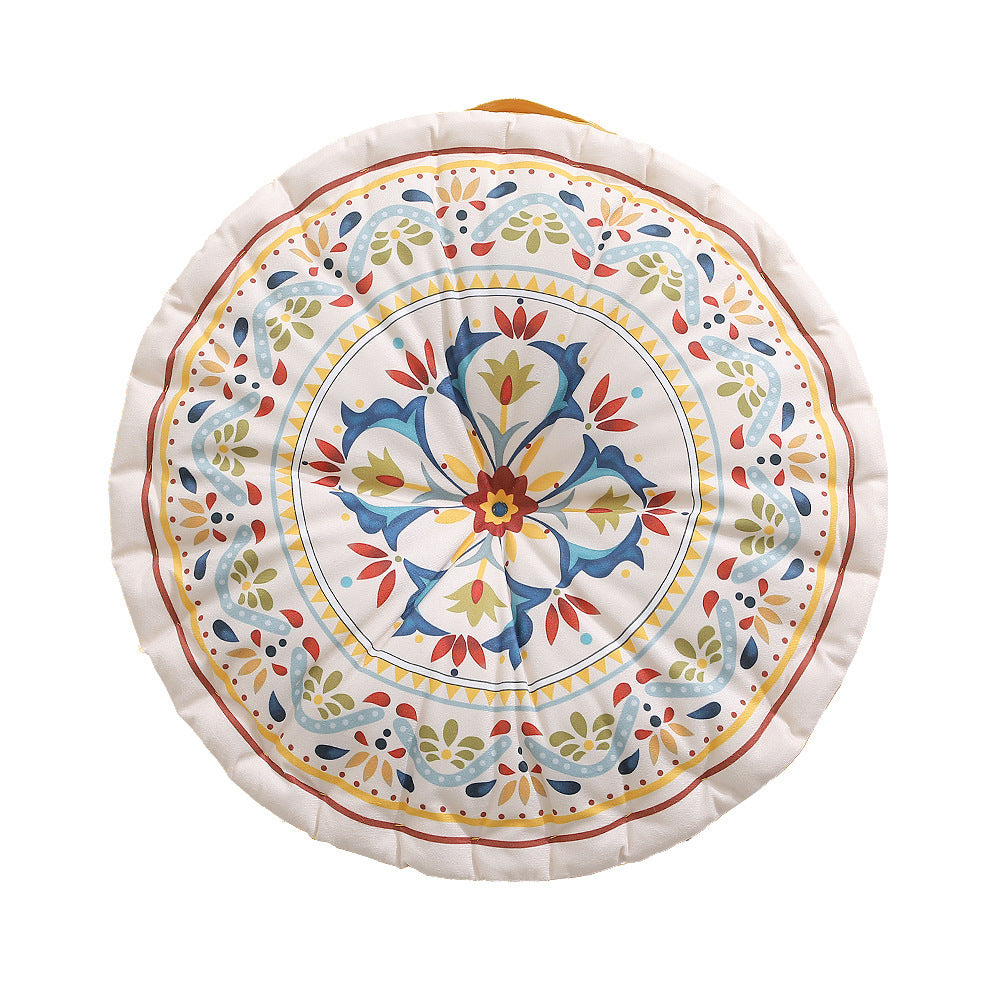 Round seat cushion with mandala print, thickly padded floor seating mat and carrying handle