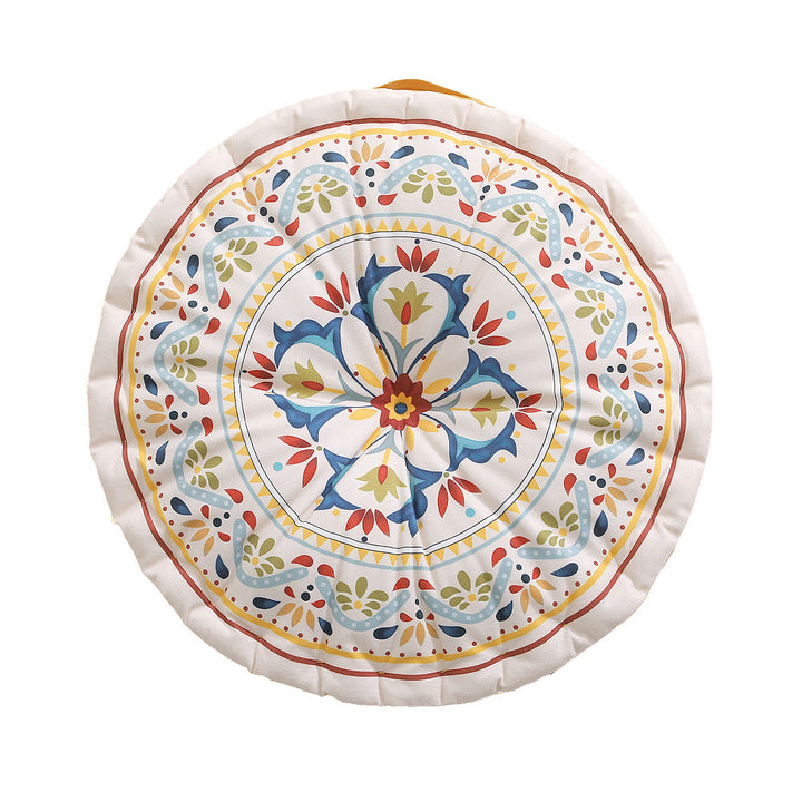 Round seat cushion with mandala print, thickly padded floor seating mat and carrying handle