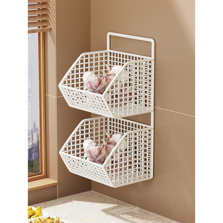 Wall-Mounted Double-Tier Grid Mesh Kitchen Storage Basket Organizer