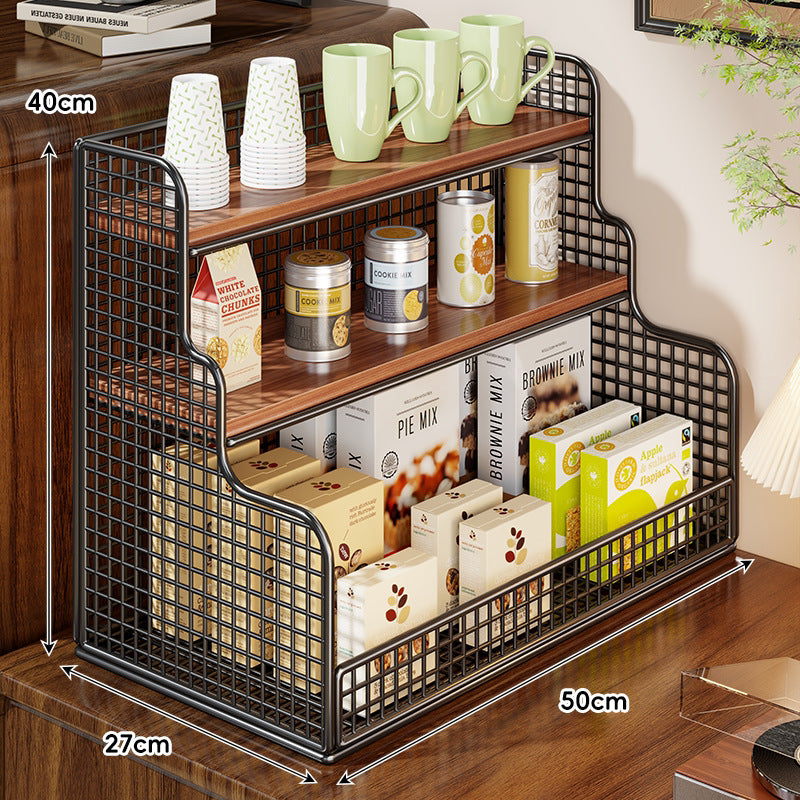 Multi-Tier Mesh Metal and Bamboo Countertop Pantry Organizer Shelf