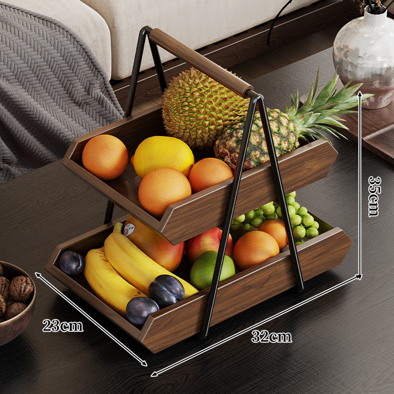 Two-Tier Wooden Fruit and Produce Stand with A-Frame Metal Handle