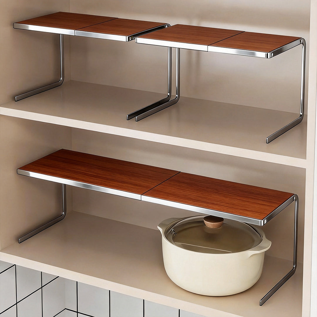 Double-Level Compact Cabinet Pot and Lid Organizer Shelf