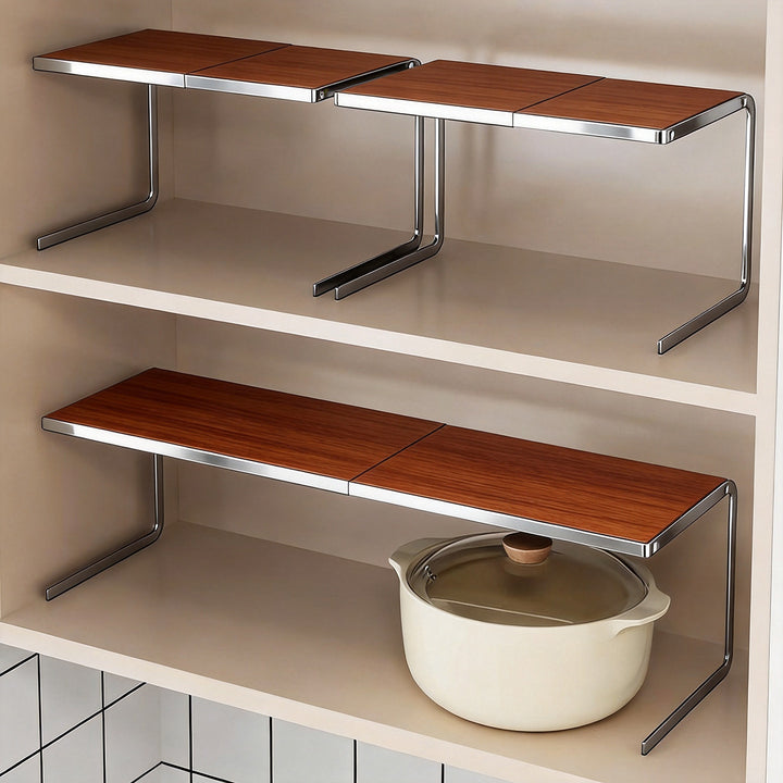 Double-Level Compact Cabinet Pot and Lid Organizer Shelf