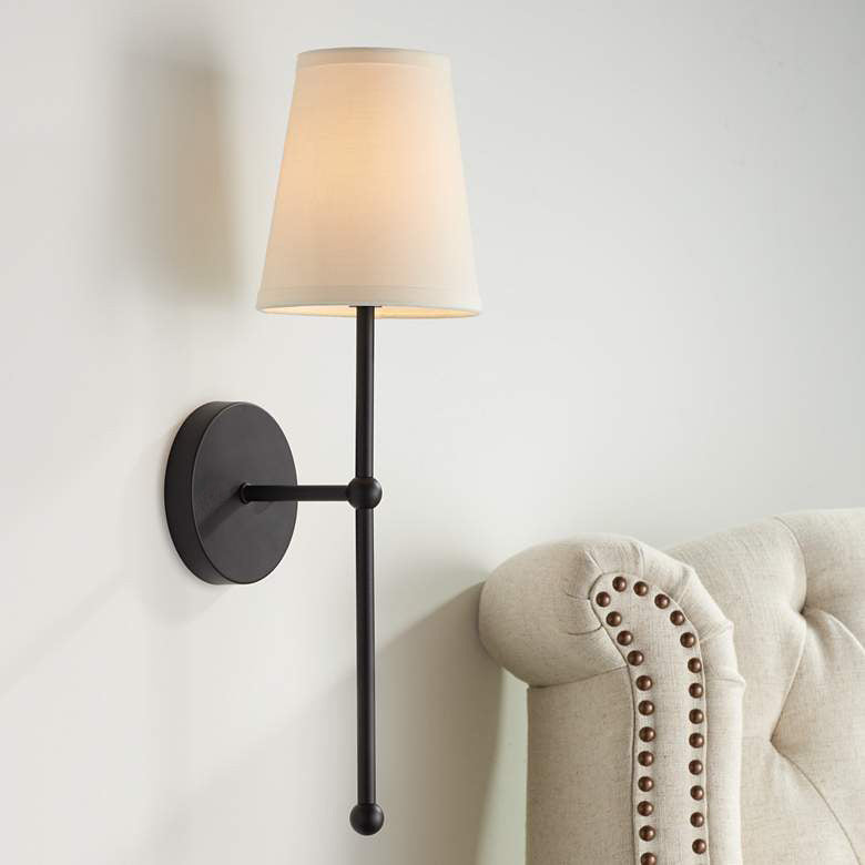 Metallic vertical wall lamp with cone-shaped fabric shade