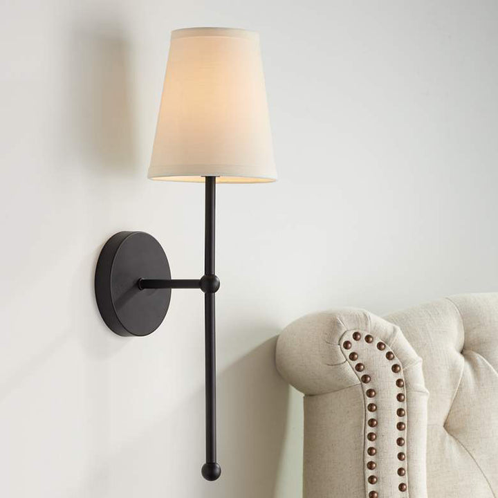 Metallic vertical wall lamp with cone-shaped fabric shade