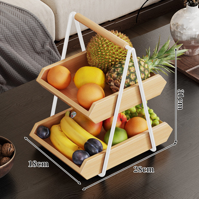 Two-Tier Wooden Fruit and Produce Stand with A-Frame Metal Handle