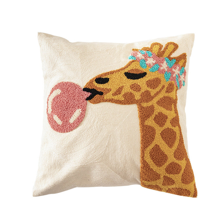 Decorative pillowcase with hand-tufted giraffe and rainbow motif