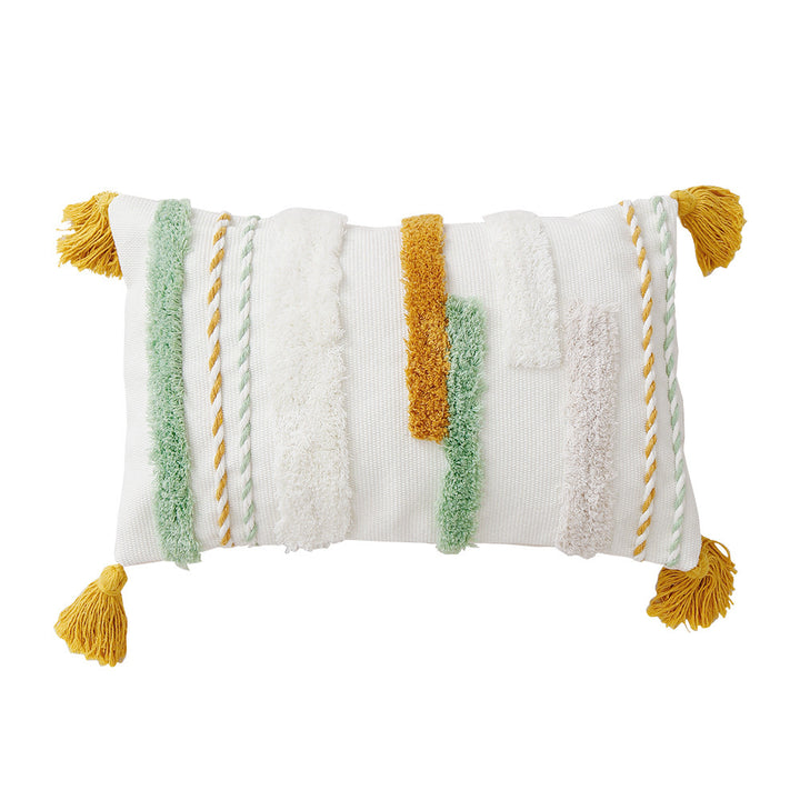 Decorative cotton cushion with hand-tufted relief and decorative tassels