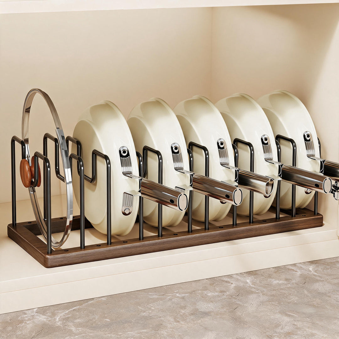 Vertical Pot Lid and Frying Pan Organizer Rack with Wooden Base and Powder-Coated Metal Dividers