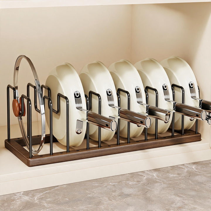 Vertical Pot Lid and Frying Pan Organizer Rack with Wooden Base and Powder-Coated Metal Dividers