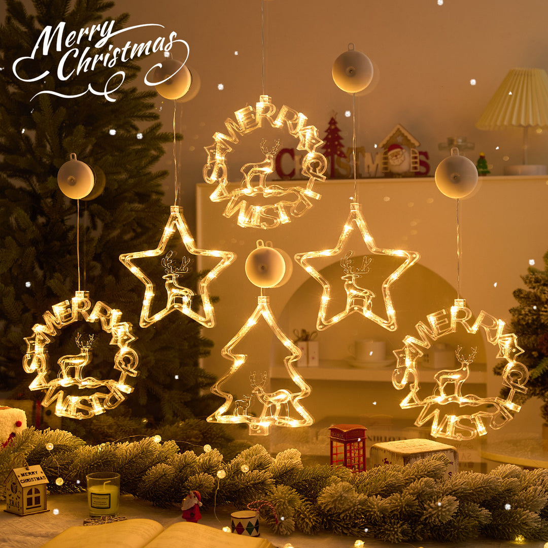 Festive Warm White LED Hanging Window Ornament Set with Reindeer Star Tree Wreath