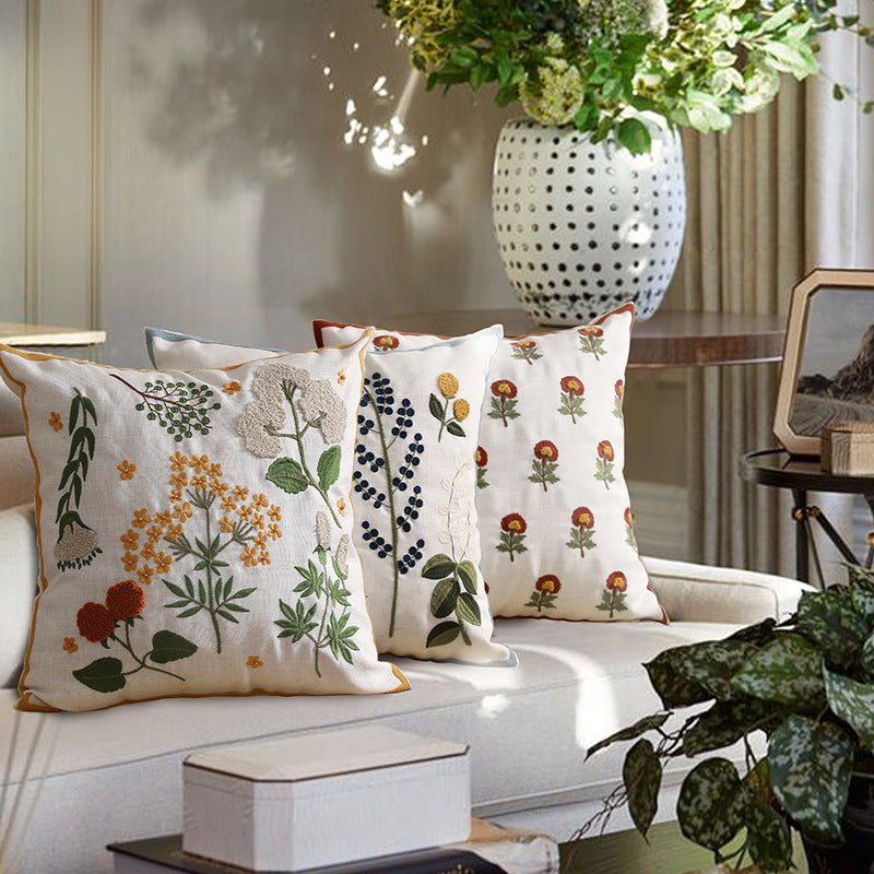 Hand-tufted square decorative cushion cover with floral chenille appliqué