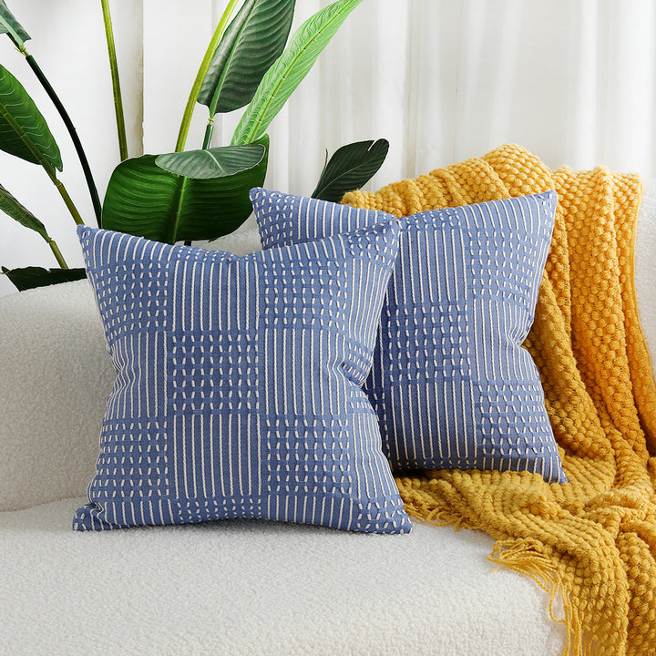 Decorative Square Textured Woven Geometric Throw Pillow Covers Set with Tufted Linear Appliqué