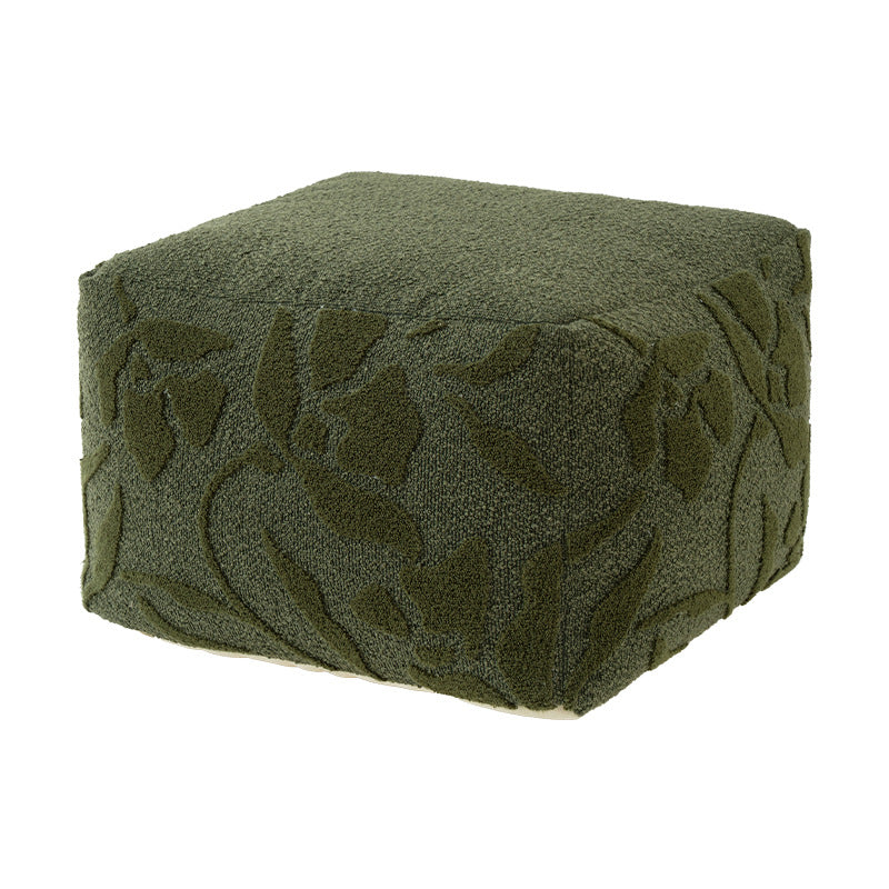 square pouf with bouclé cover and textured jacquard pattern