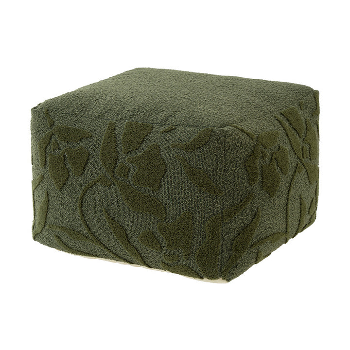 square pouf with bouclé cover and textured jacquard pattern
