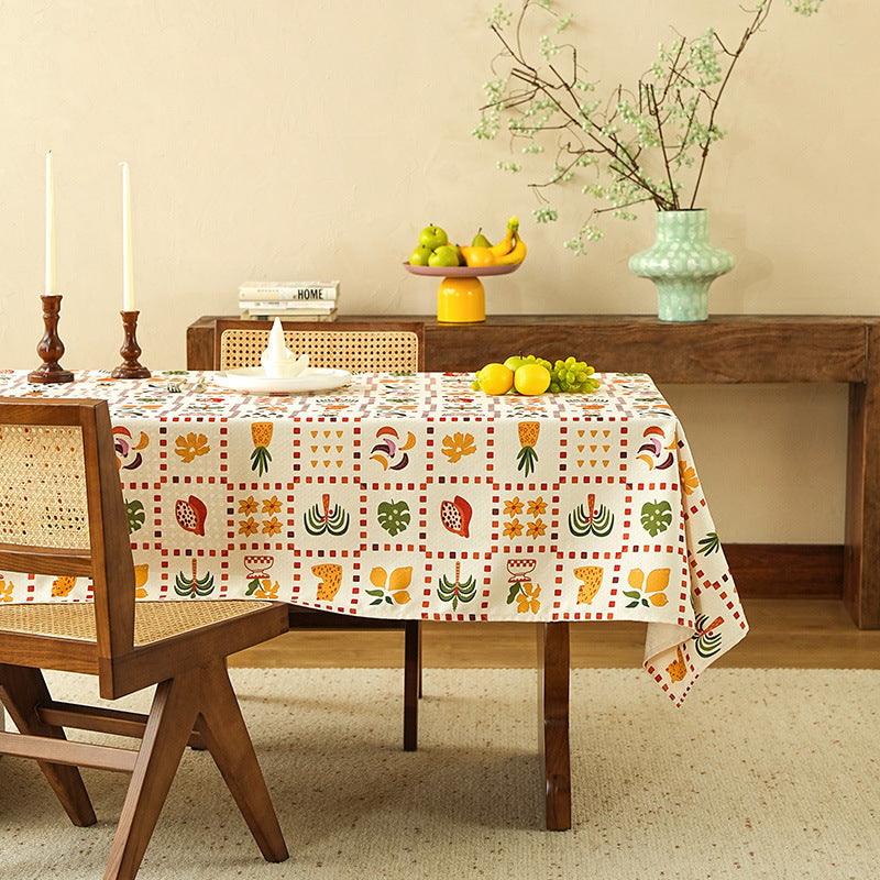 Tablecloth made of cotton-linen with Scandinavian leaf and checked pattern