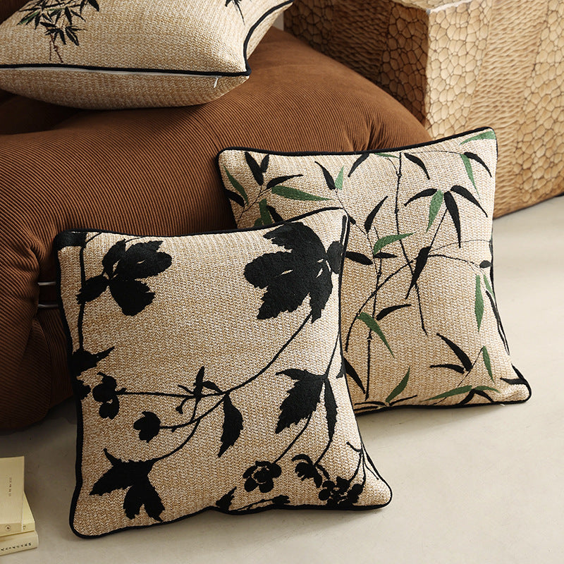 Woven decorative cushion cover with bamboo leaf jacquard and contrast piping