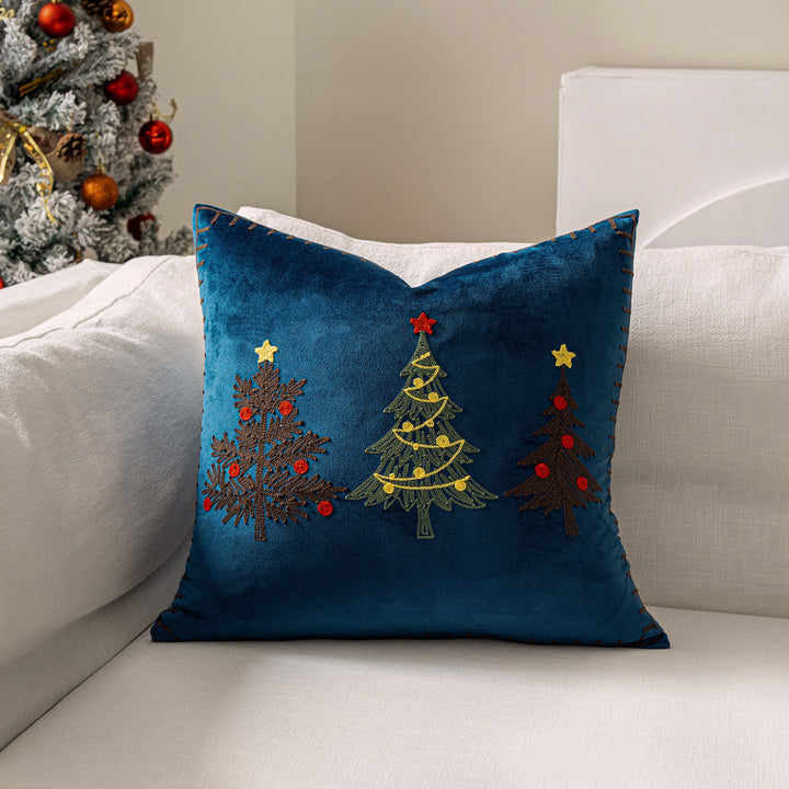 Embroidered Christmas Tree Square Throw Pillow Cover with Whipstitch Edge