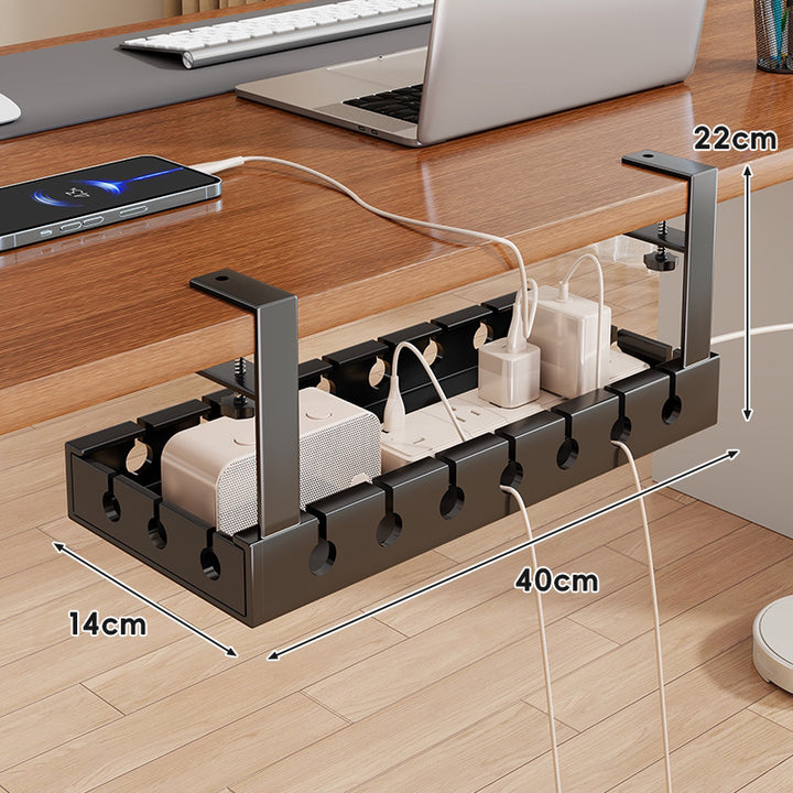 Under-Desk Adjustable Power Strip and Cable Management Tray with Clamp Mount