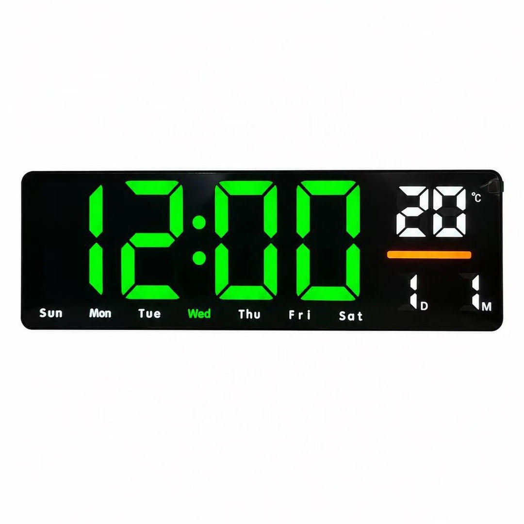 Digital wall clock with temperature and calendar display