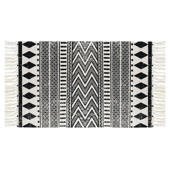 Flat-woven cotton runner with Mediterranean tile jacquard and decorative fringes
