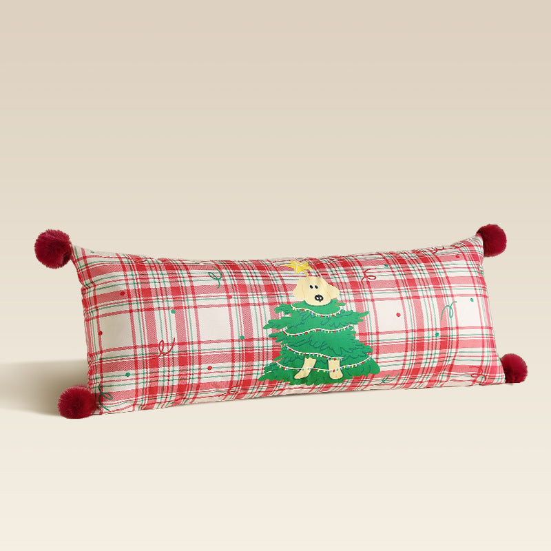 Long neck and decorative cushion with check pattern, dog Christmas tree application and pompom