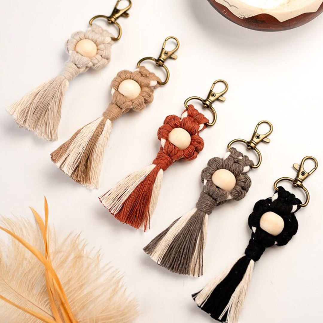 Macrame Keychain with Wooden Accents