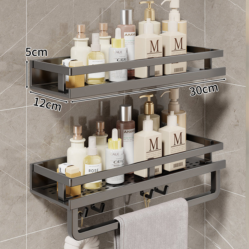 Compact Wall-Mounted Bathroom Shelf with Integrated Towel Rail and Multi-Hook Metal Organizer