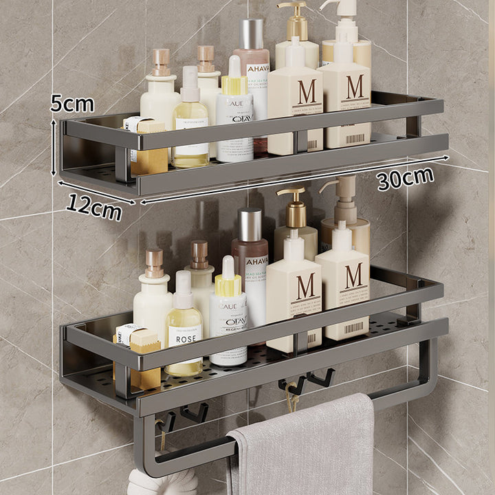 Compact Wall-Mounted Bathroom Shelf with Integrated Towel Rail and Multi-Hook Metal Organizer