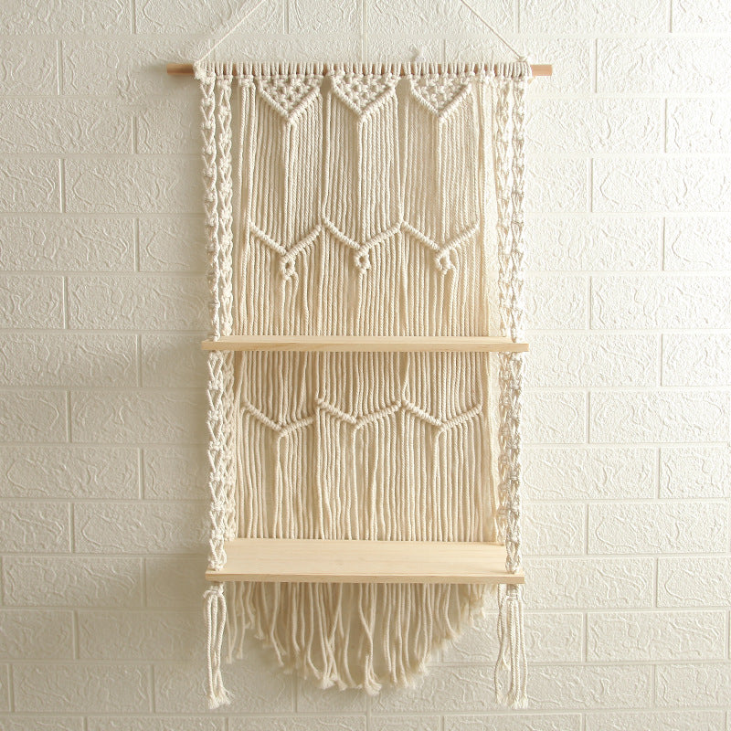 Decorative Wall-Mounted Macrame Shelf with Natural Wooden Accents