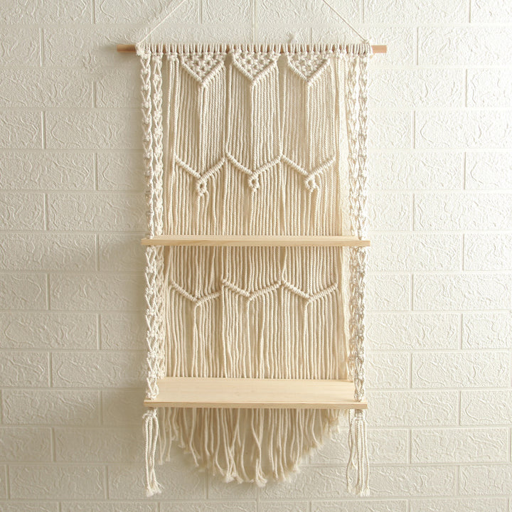 Decorative Wall-Mounted Macrame Shelf with Natural Wooden Accents