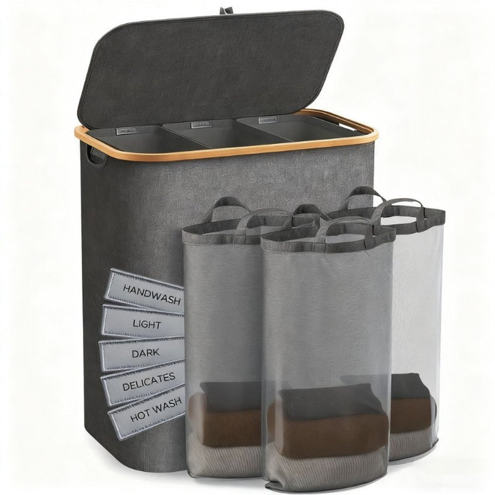 Laundry separation system with three compartments and removable inner pockets