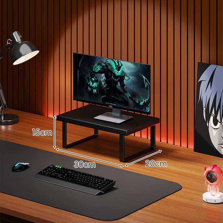 Elevated Wooden Monitor Riser Stand with Metal Bracket Legs and Cable-Friendly Desktop Shelf