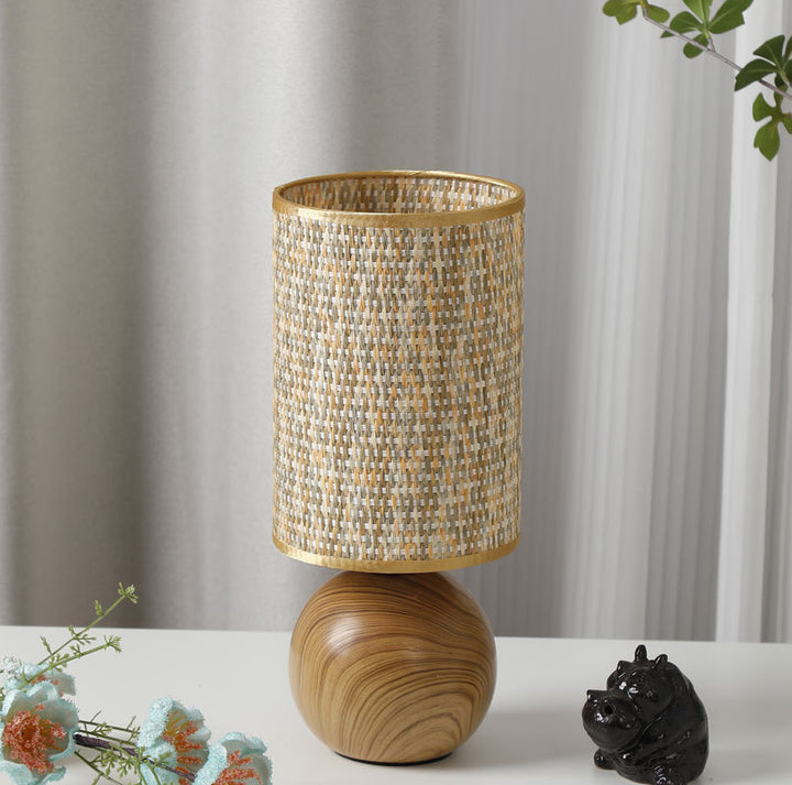 Beef Wood Base Woven Rattan Umbrella Table Lamp