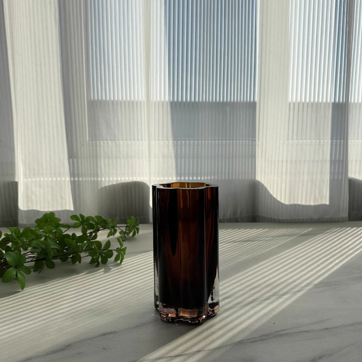 Tall Faceted Amber Cylinder Glass Vase with Scalloped Lip